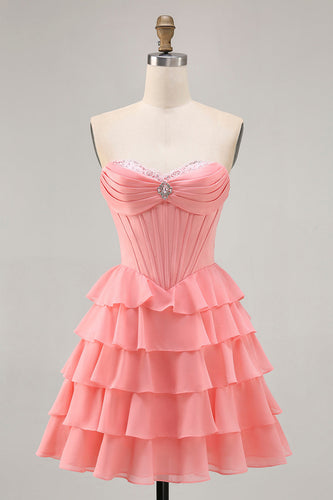 Sparkly Blush Short Sweetheart Corset Prom Dress with Ruffles