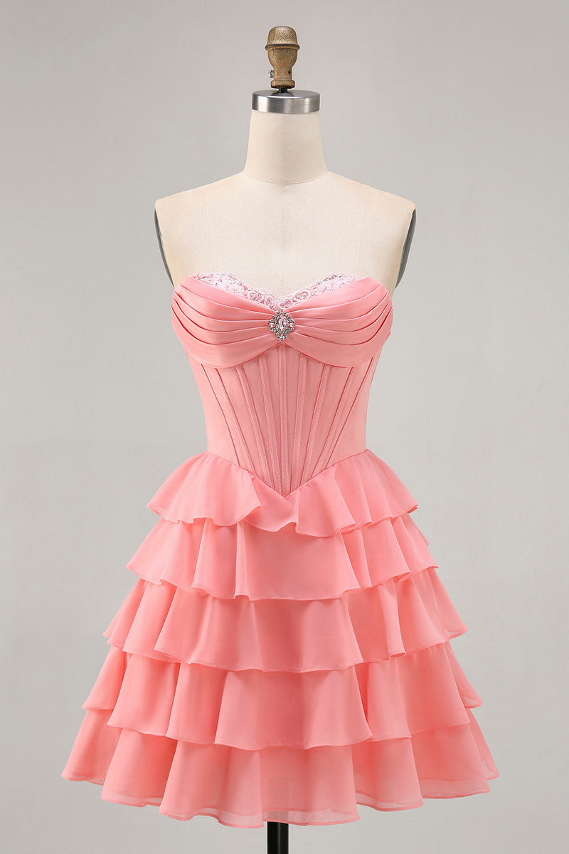 Load image into Gallery viewer, Sparkly Blush Short Sweetheart Corset Prom Dress with Ruffles