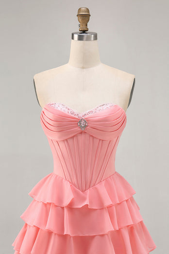 Sparkly Blush Short Sweetheart Corset Prom Dress with Ruffles