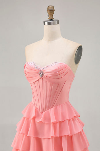 Sparkly Blush Short Sweetheart Corset Prom Dress with Ruffles