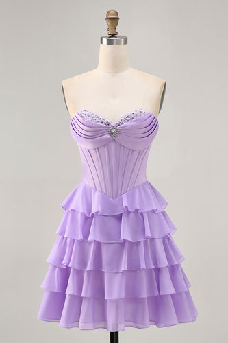 Sparkly Purple Short Corset Sweetheart Prom Dress with Ruffles