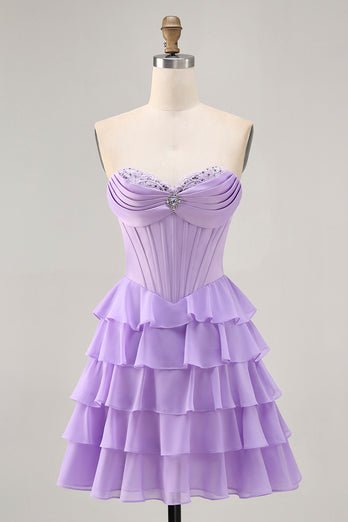 Sparkly Blush Short Sweetheart Corset Prom Dress with Ruffles