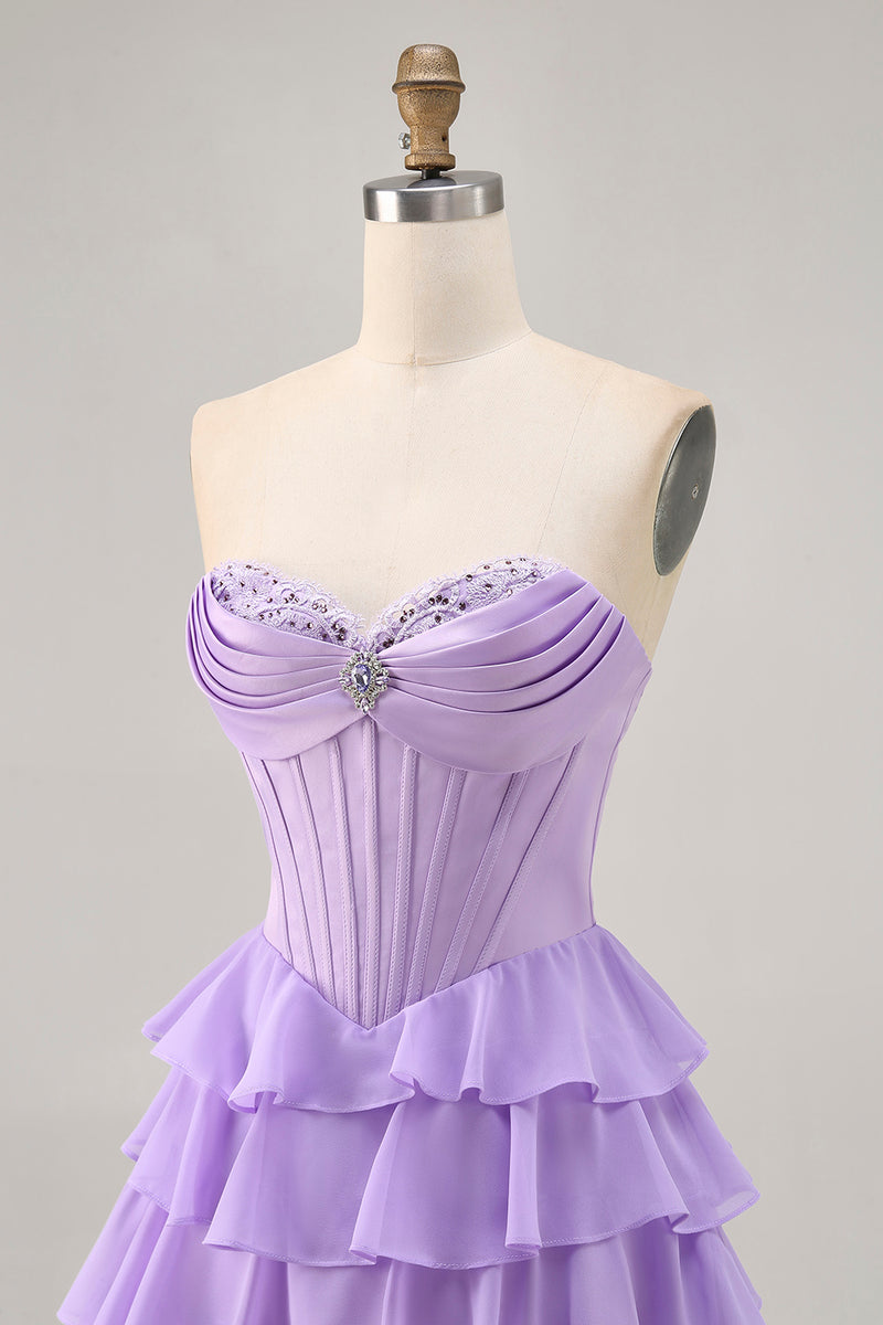 Load image into Gallery viewer, Sparkly Blush Short Sweetheart Corset Prom Dress with Ruffles