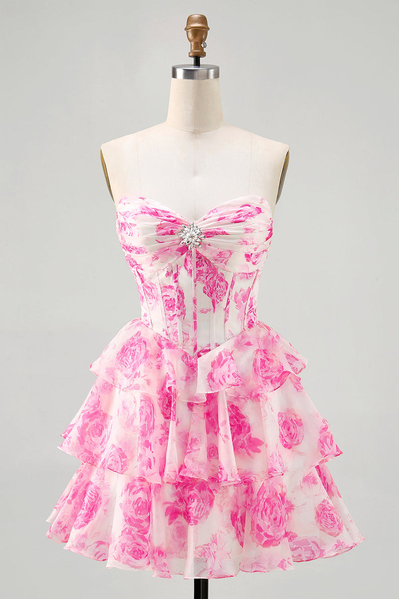 Load image into Gallery viewer, Sparkly Fuchsia Short Floral Corset Prom Dress with Rhinestones