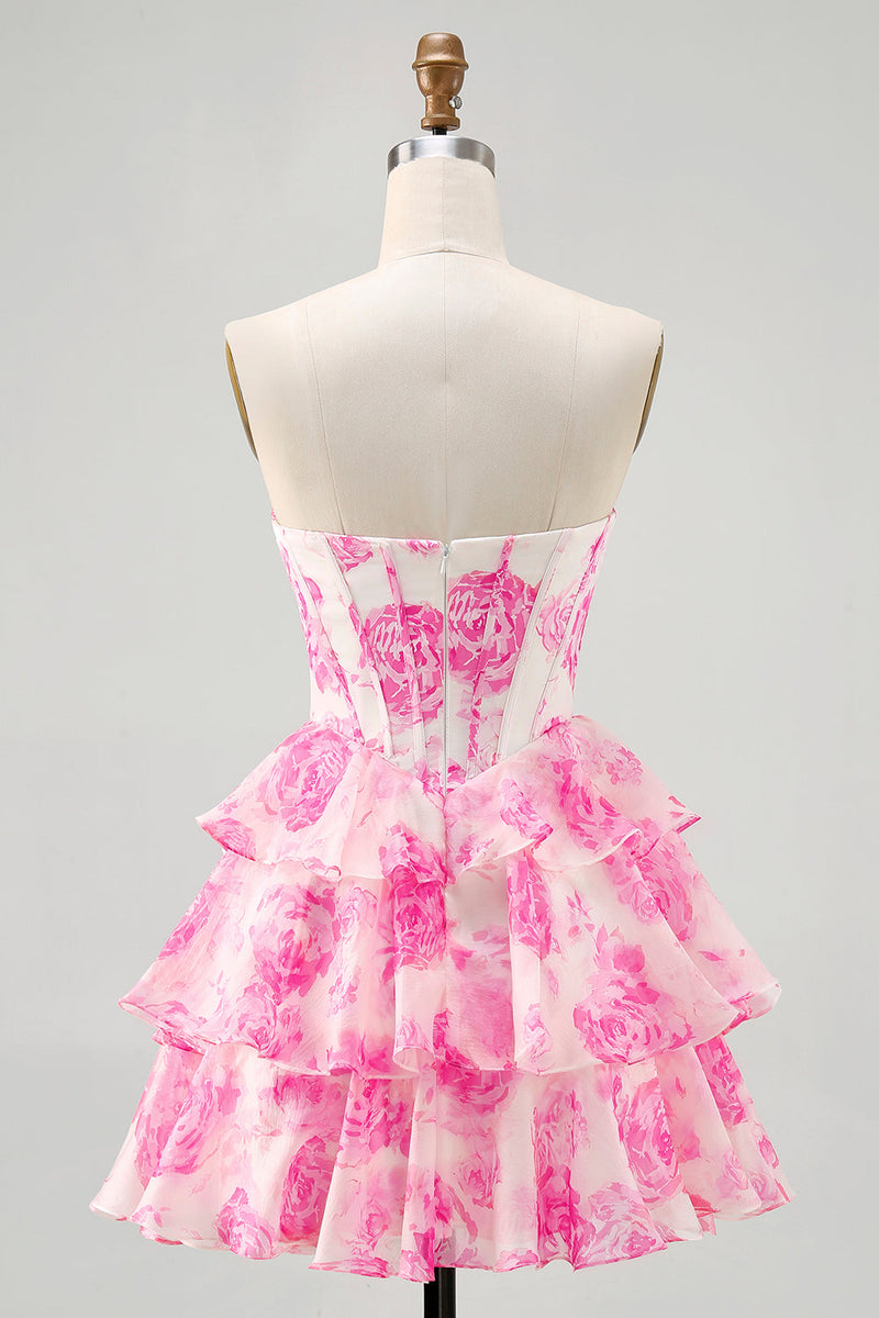 Load image into Gallery viewer, Sparkly Fuchsia Short Floral Corset Prom Dress with Rhinestones
