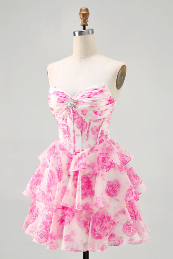 Sparkly Fuchsia Short Floral Corset Prom Dress with Rhinestones