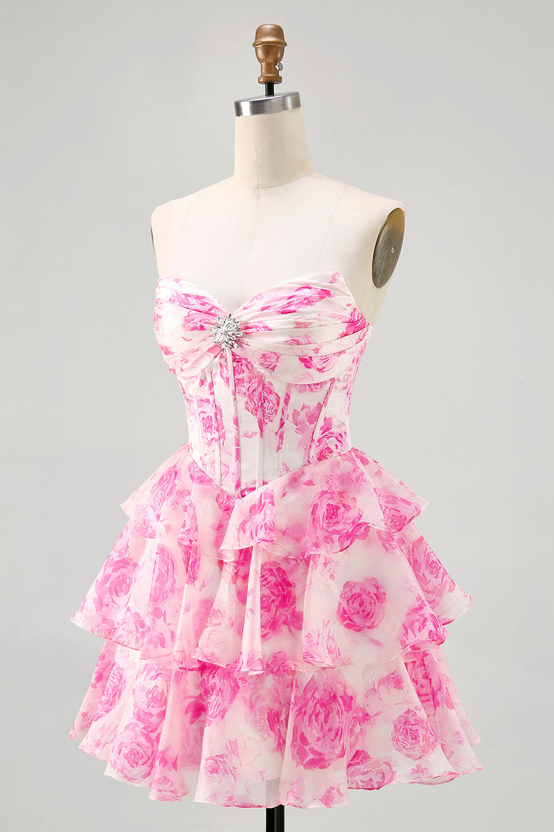 Load image into Gallery viewer, Sparkly Fuchsia Short Floral Corset Prom Dress with Rhinestones
