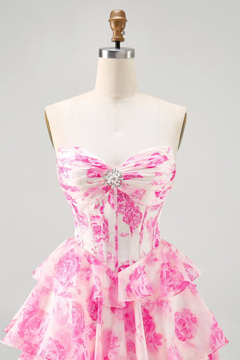Load image into Gallery viewer, Sparkly Fuchsia Short Floral Corset Prom Dress with Rhinestones