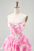 Load image into Gallery viewer, Sparkly White and Blue Corset Floral Short Prom Dress with Rhinestones