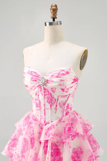 Sparkly White and Blue Corset Floral Short Prom Dress with Rhinestones