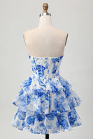 Load image into Gallery viewer, Sparkly White and Blue Corset Floral Short Prom Dress with Rhinestones