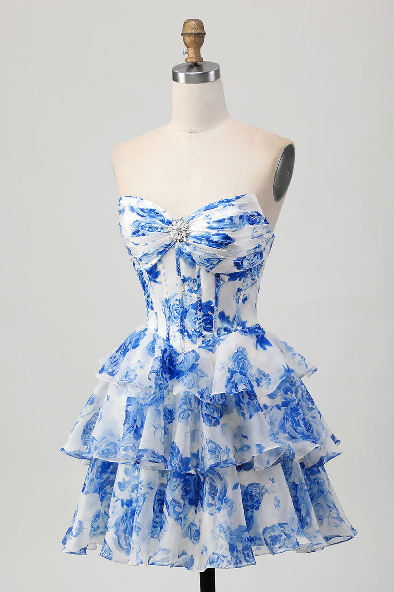 Load image into Gallery viewer, Sparkly Fuchsia Short Floral Corset Prom Dress with Rhinestones