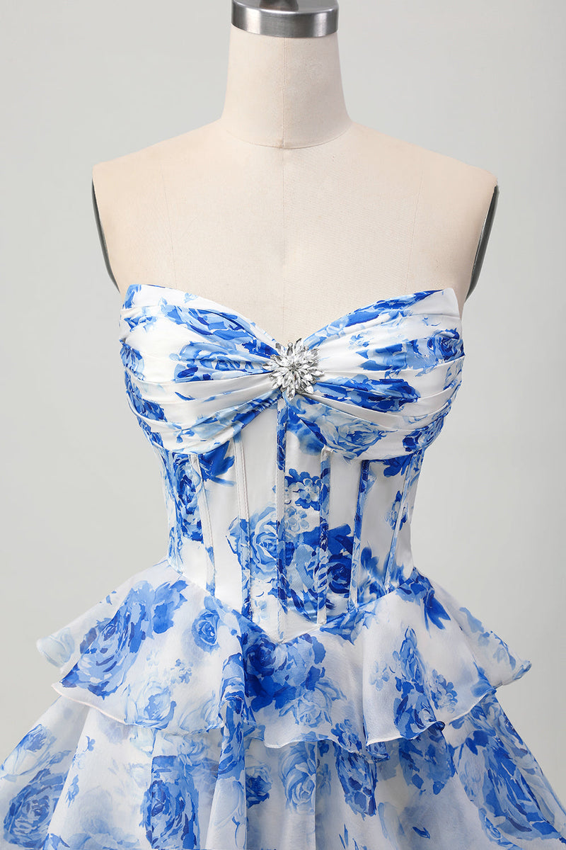 Load image into Gallery viewer, Sparkly Fuchsia Short Floral Corset Prom Dress with Rhinestones