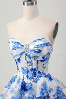 Load image into Gallery viewer, Sparkly White and Blue Corset Floral Short Prom Dress with Rhinestones