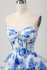 Load image into Gallery viewer, Sparkly Fuchsia Short Floral Corset Prom Dress with Rhinestones