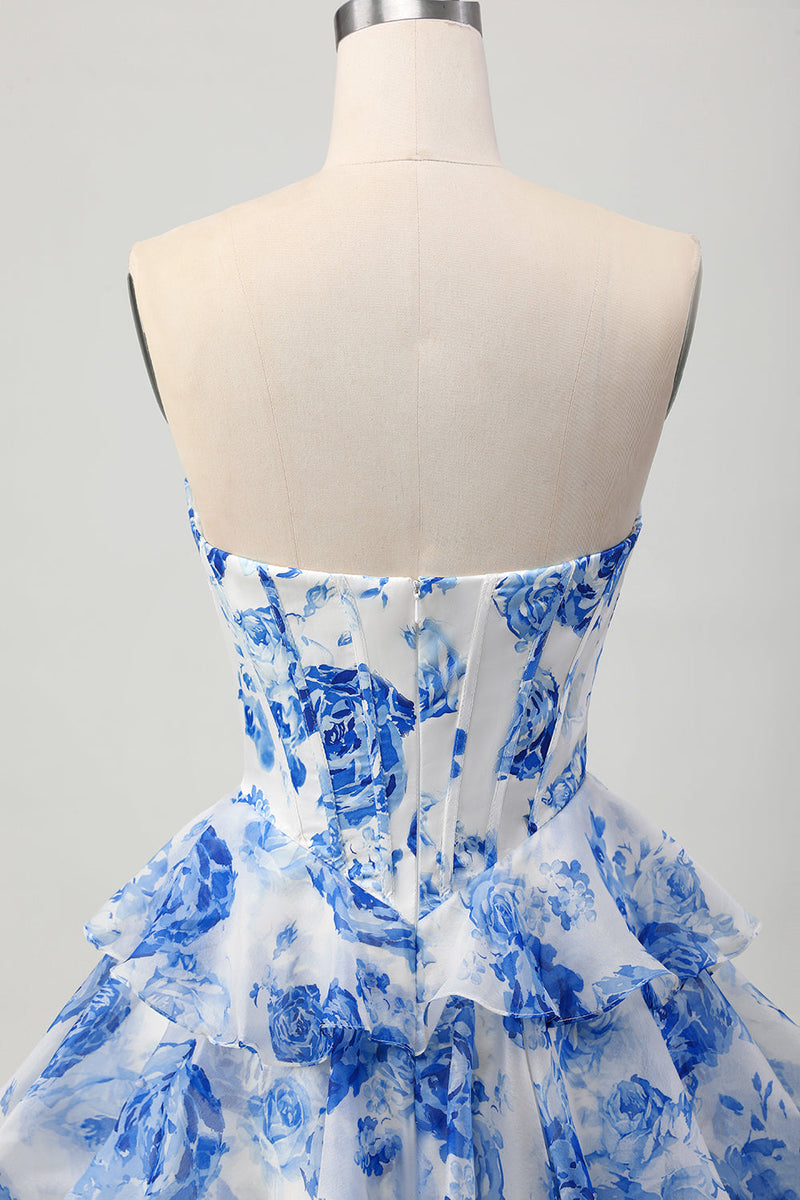 Load image into Gallery viewer, Sparkly Fuchsia Short Floral Corset Prom Dress with Rhinestones