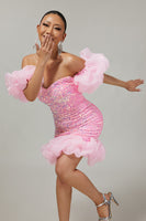 Load image into Gallery viewer, Sparkly Pink Detachable Puff Sleeves Sequins Tight Short Prom Dress