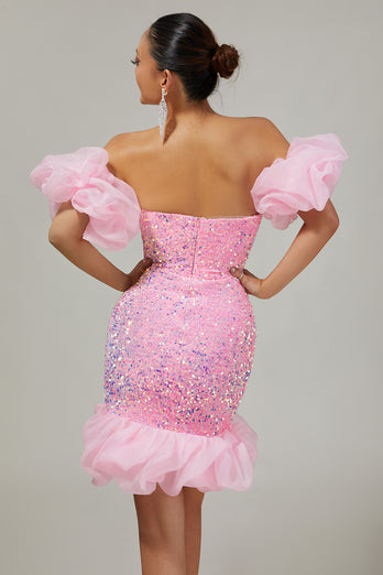 Sparkly Pink Detachable Puff Sleeves Sequins Tight Short Prom Dress