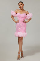 Load image into Gallery viewer, Sparkly Pink Detachable Puff Sleeves Sequins Tight Short Prom Dress