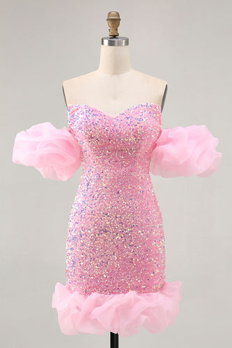 Sparkly Pink Detachable Puff Sleeves Sequins Tight Short Prom Dress