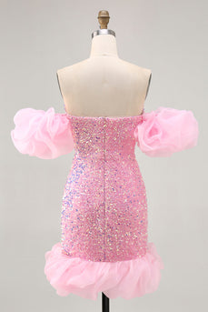 Sparkly Pink Detachable Puff Sleeves Sequins Tight Short Prom Dress