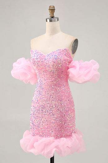 Sparkly Pink Detachable Puff Sleeves Sequins Tight Short Prom Dress