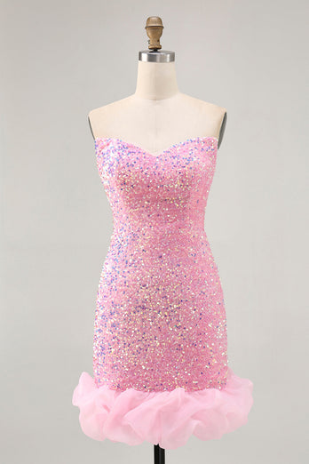 Sparkly Pink Detachable Puff Sleeves Sequins Tight Short Prom Dress