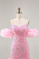 Load image into Gallery viewer, Sparkly Pink Detachable Puff Sleeves Sequins Tight Short Prom Dress