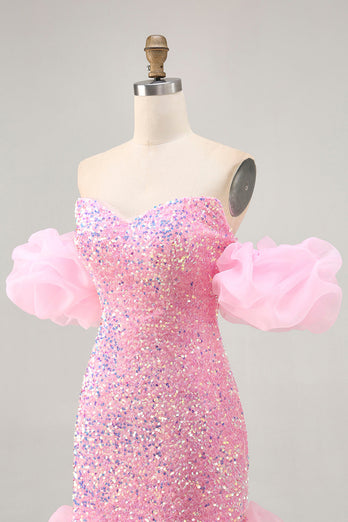 Sparkly Pink Detachable Puff Sleeves Sequins Tight Short Prom Dress