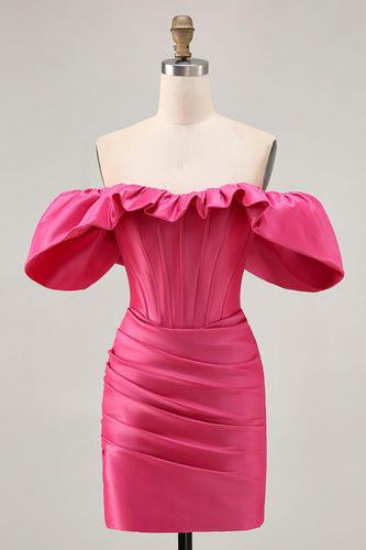 Fuchsia Satin Tight Short Corset Prom Dress with Ruffles