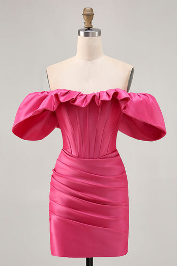 Fuchsia Satin Tight Short Corset Prom Dress with Ruffles