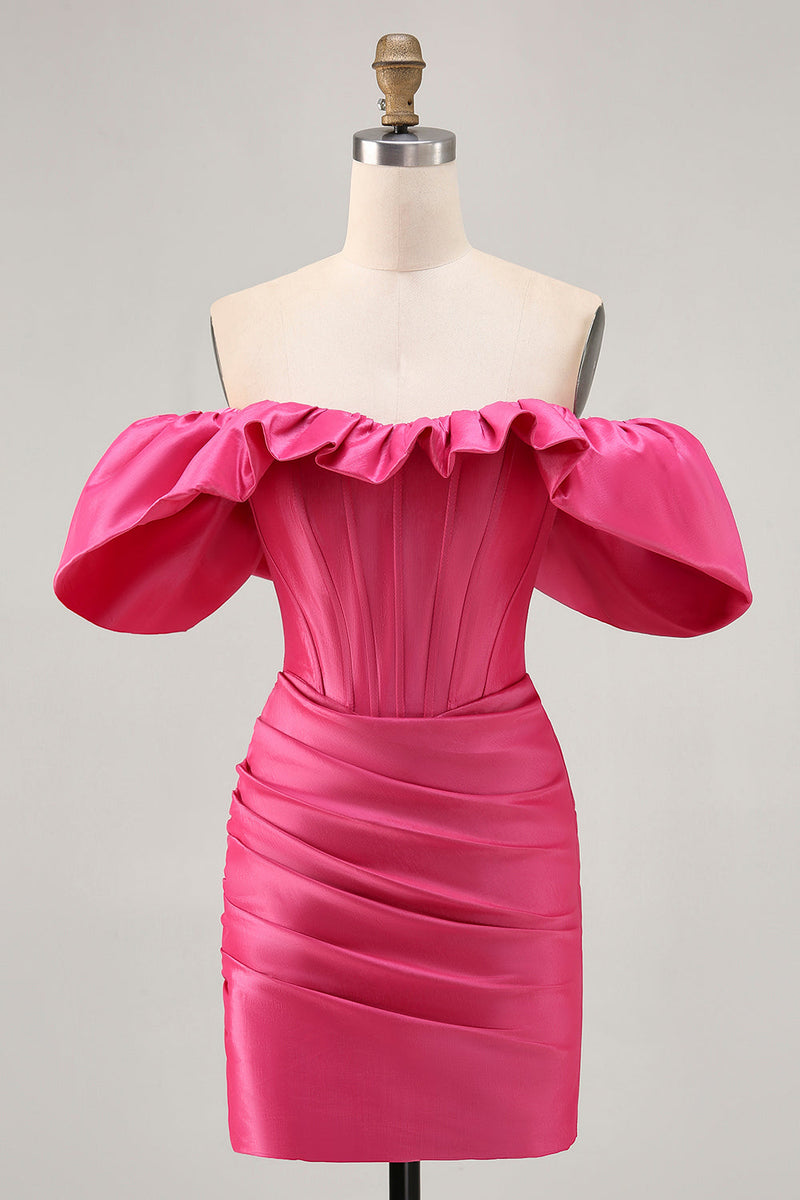 Load image into Gallery viewer, Fuchsia Satin Tight Short Corset Prom Dress with Ruffles