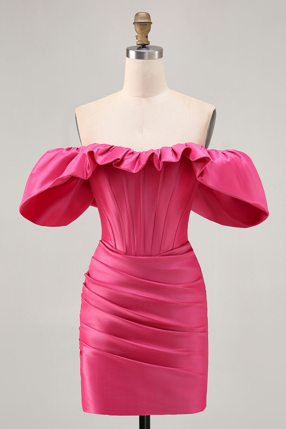 Fuchsia Satin Tight Short Corset Prom Dress with Ruffles