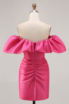 Fuchsia Satin Tight Short Corset Prom Dress with Ruffles