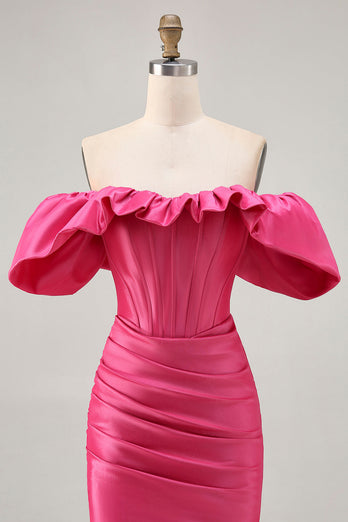 Fuchsia Satin Tight Short Corset Prom Dress with Ruffles