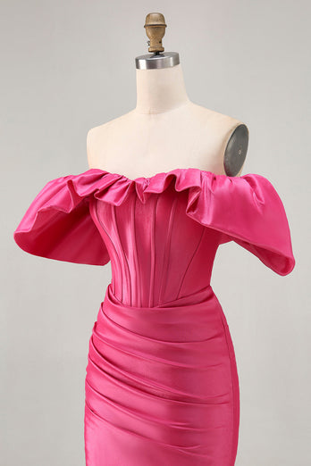 Fuchsia Satin Tight Short Corset Prom Dress with Ruffles