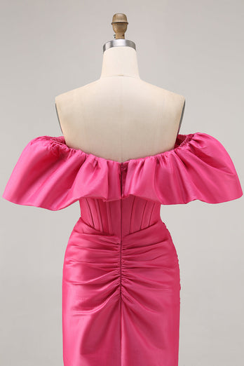 Fuchsia Satin Tight Short Corset Prom Dress with Ruffles