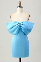Load image into Gallery viewer, Sparkly Blue Satin Tight Off the Shoulder Short Prom Dress with Bow