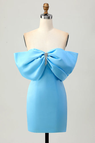 Sparkly Blue Satin Tight Off the Shoulder Short Prom Dress with Bow