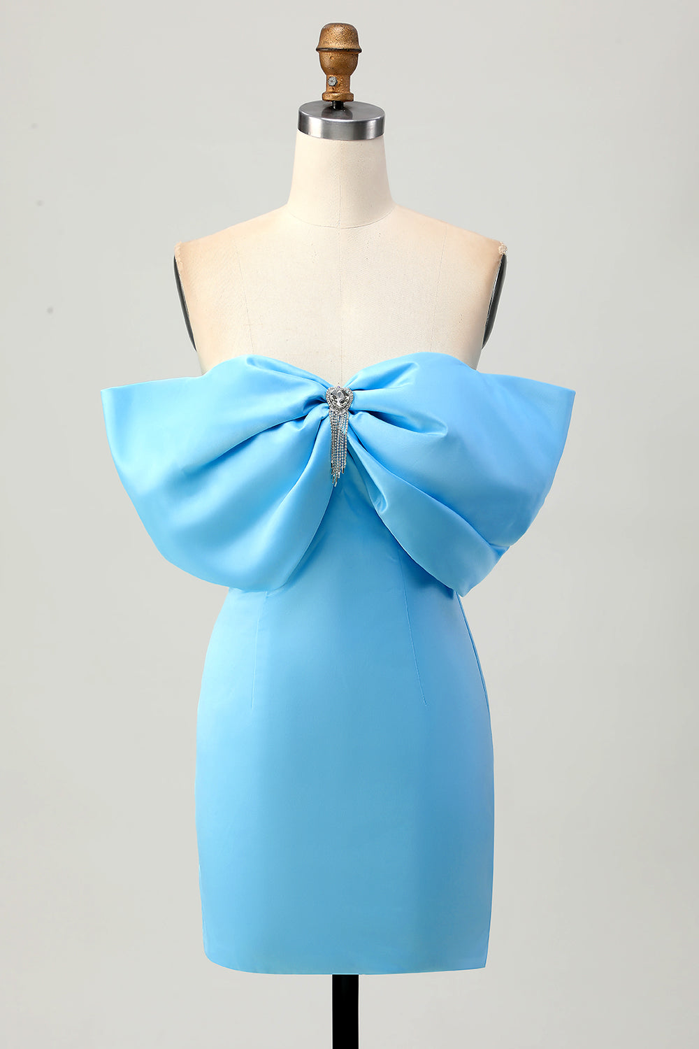 Sparkly Blue Satin Tight Off the Shoulder Short Prom Dress with Bow