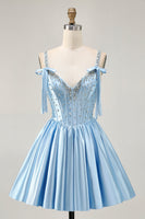 Load image into Gallery viewer, Sparkly Blue A Line Short Corset Prom Dress with Rhinestones