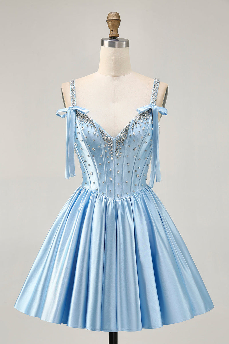 Load image into Gallery viewer, Sparkly Blue A Line Short Corset Prom Dress with Rhinestones