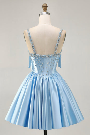 Sparkly Blue A Line Short Corset Prom Dress with Rhinestones