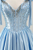 Load image into Gallery viewer, Sparkly Blue A Line Short Corset Prom Dress with Rhinestones