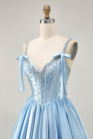 Load image into Gallery viewer, Sparkly Blue A Line Short Corset Prom Dress with Rhinestones