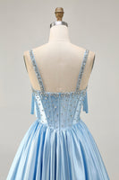 Load image into Gallery viewer, Sparkly Blue A Line Short Corset Prom Dress with Rhinestones