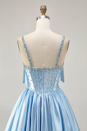 Sparkly Blue A Line Short Corset Prom Dress with Rhinestones