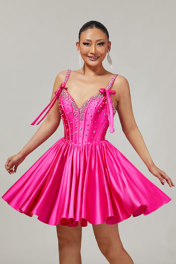 Sparkly Fuchsia Corset Short Prom Dress with Rhinestones