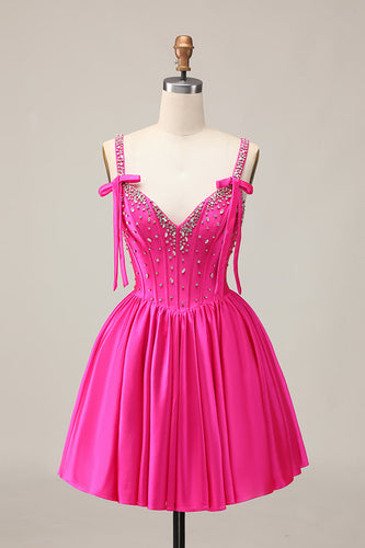 Sparkly Fuchsia Corset Short Prom Dress with Rhinestones