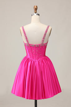 Sparkly Fuchsia Corset Short Prom Dress with Rhinestones